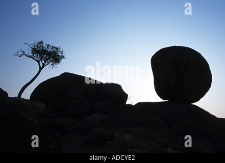 Sagome di rocce e albero nel Deserto Namibiano Foto Stock