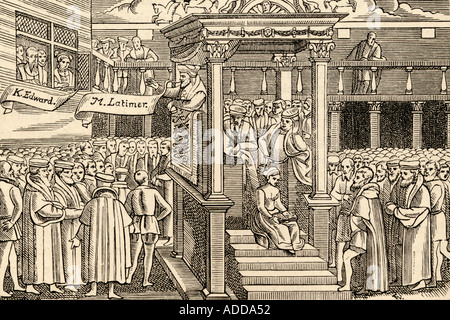 Latimer predicazione prima di Edoardo VI, 1555. Hugh Latimer, 1485 -1555. Predicatore inglese e martire. Foto Stock