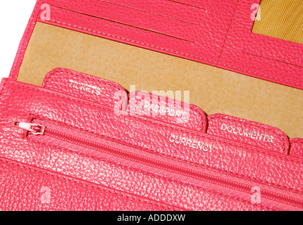 Dettaglio di una pelle di colore rosa del documento di viaggio portafoglio impostata per il passaporto e i biglietti aerei. Foto da Paddy McGuinness paddymcguinness Foto Stock