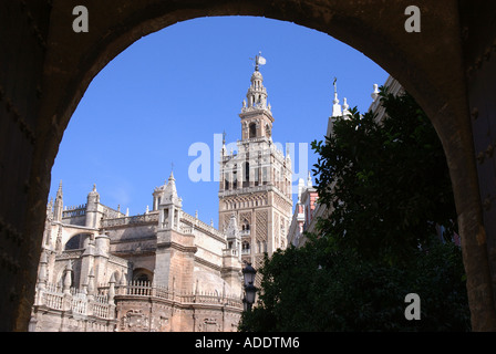 Vista di Sevilla Siviglia Cattedrale Gotica della cattedrale e la torre Giralda Andalusia Andalucía España Spagna Iberia Europa Foto Stock