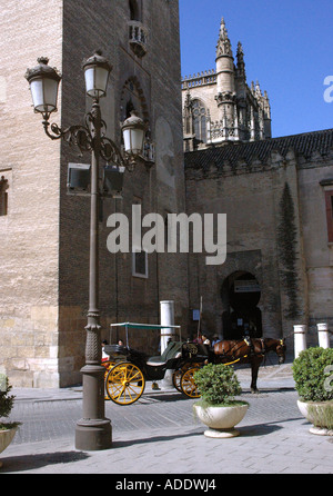 Vista di Sevilla Siviglia Cattedrale Gotica della cattedrale e la torre Giralda Andalusia Andalucía España Spagna Iberia Europa Foto Stock