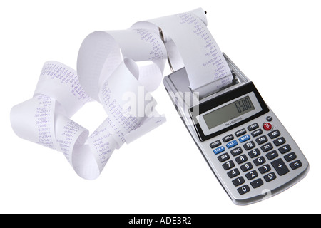 Calcolatrice con lunga ricevuta stampata Foto Stock