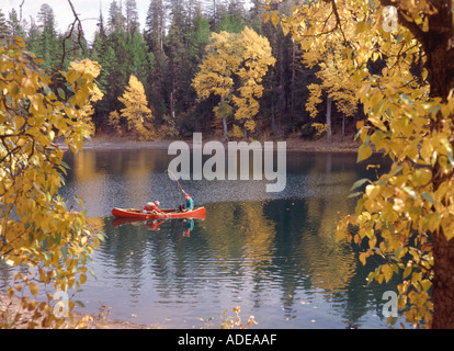 In autunno i pescatori a mosca in un rosso canoe su un placido lago circondato con giallo brillante fogliame colorato Foto Stock