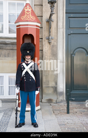 Un danese royal life guard sta al di fuori di Amalienborg Royal Palace, Copenaghen. Foto Stock