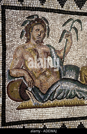 Piastrella mosaico, mosaico, mattonelle, piastrelle a mosaico, mosaici, dio della fertilità, fiume dio, Saint-Romain-en-Gal, Rhone-Alpes, Francia, Europa Foto Stock