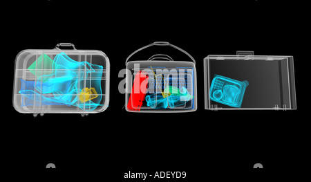 Stile xray immagine 3D di un viaggiatore s bagagli contenenti una bomba o dispositivo esplosivo questo potrebbe essere illistrative del terrorista t Foto Stock