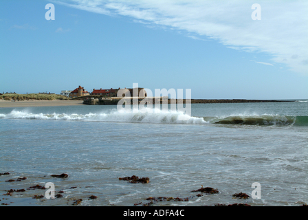 Onde e spray sul Mare del Nord a Beadnell Bay e Harbour Nortumberland England Regno Kngdom REGNO UNITO Foto Stock