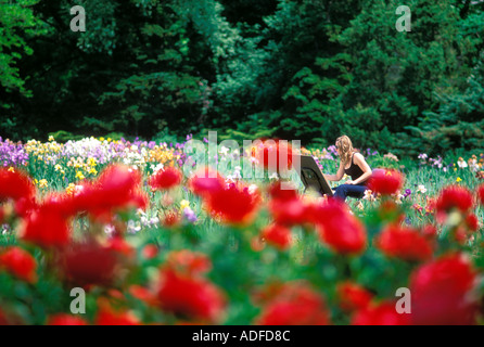 Canada Ontario Hamilton Royal Botanical Gardens giovane donna early 30 s verniciatura in un campo di fiori Foto Stock