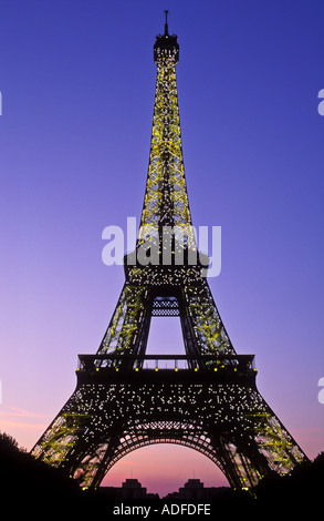 Francia Parigi Torre Eiffel illuminata di notte Foto Stock