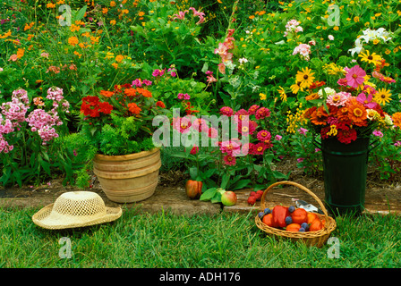 Giardino estivo bounty: luminosi fiori variopinti e peperoncini raccolti nel cesto tessuto e vasi di prendere in casa Foto Stock