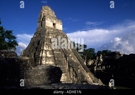 Il Tempio del giaguaro nella piazza principale antica città maya di Tikal Guatamala Foto Stock