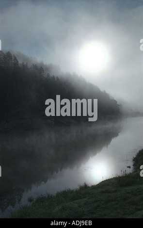 Il fiume Lebed s banca che tradotto come il fiume Swan nella foschia mattutina Altai Russia Foto Stock