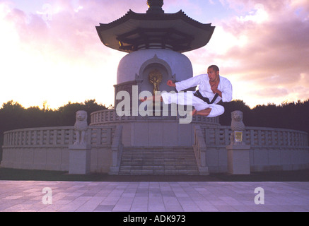 Credito foto DOUG BLANE Sean Roberts Karate Yoko Tobi Geri battenti Side kick Nippon buddista Myohoji Pagoda della Pace Milton Foto Stock