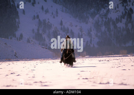 Cowboy a cavallo attraverso la neve Foto Stock