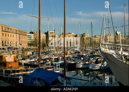 Marina a Port Vell Barcellona Catalonia Spagna affollata di yachts guardando verso la Barceloneta Museo della Catalogna a sinistra Foto Stock