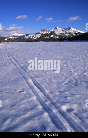 Piste da sci in tutta Caples lago in inverno in un Eldorado National Forest, Sierra Nevada, in California, Stati Uniti d'America Foto Stock