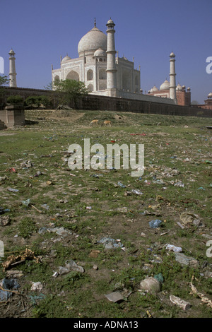 India Uttar Pradesh Taj Mahal spazzatura lungo le rive del fiume Yamuna Foto Stock