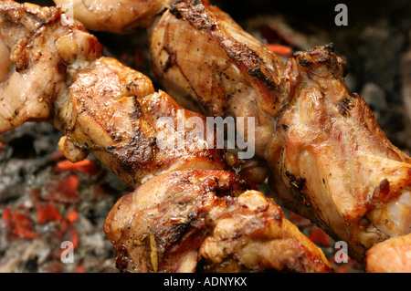 Pollo appetitosi barbecue tostatura su un camping fire cibo barbecue di carne Foto Stock