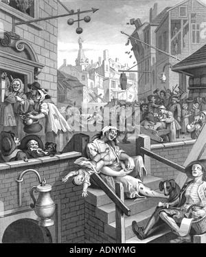 Il Gin Lane. Dopo incisione Hogarth. Foto Stock