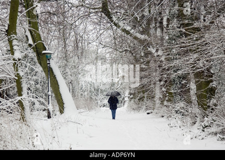 Walker passeggiate con ombrellone in tutta coperta di neve Hampstead Heath London Regno Unito Foto Stock