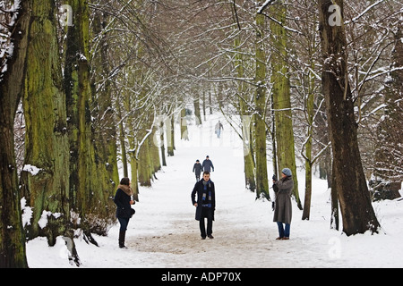 La gente a piedi in tutta coperta di neve Hampstead Heath London Regno Unito Foto Stock