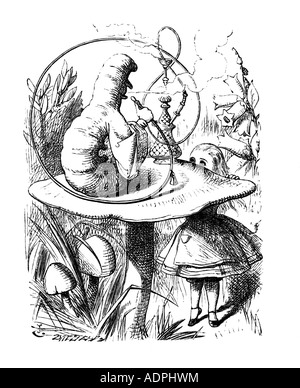Illustrazioni di Lewis Carroll S Alice nel paese delle meraviglie di John Tenniel il caterpillar che fuma un tubo dell'acqua Foto Stock