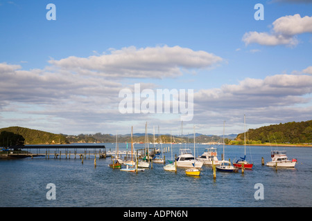 Barche ormeggiate e jetty a Waitangi Fiume Bay of Islands Isola del nord della Nuova Zelanda Foto Stock