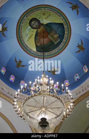 Miami Florida, Coral Gables, Cattedrale Greco-Ortodossa di Santa Sofia, soffitto a cupola, arte religiosa, Gesù, lampadario, i visitatori viaggiano tour t Foto Stock