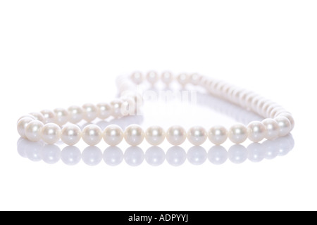 Collana di perle con la riflessione su sfondo bianco Foto Stock