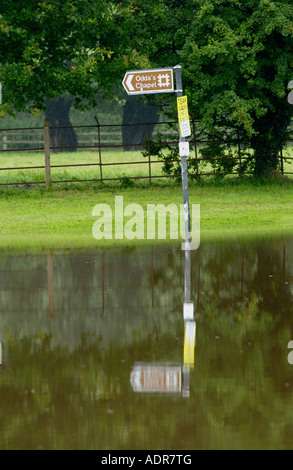 Strada allagata nel villaggio di Deerhurst Gloucestershire England Regno Unito provocato dalla crescente fiume Severn dopo prolungata piovosità Foto Stock