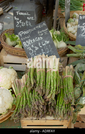 Fasci di asparagi per la vendita su un tipico mercato francese nel Herault,Languedoc Roussillon regione del sud della Francia Foto Stock