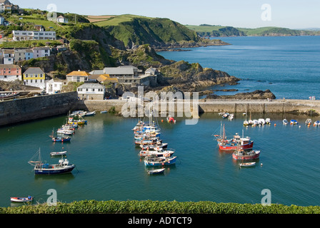 Il villaggio di pescatori di Mevagissey, affacciato su una parte delle mura del porto, include l'ufficio del porto e le piccole barche della costa rocciosa degli ormeggi, Cornovaglia, Inghilterra, Regno Unito Foto Stock