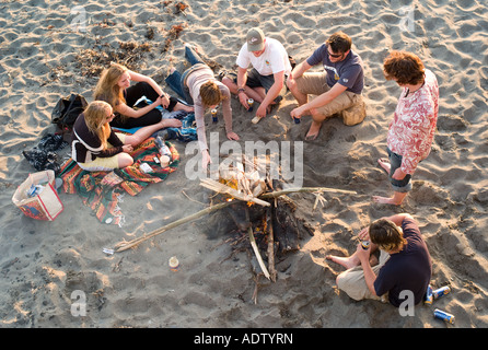 Amici di adolescenti avente un barbecue sulla spiaggia a Aberystwyth in estate nel pomeriggio, bruciando driftwood trovato sulla spiaggia, Wales UK Foto Stock