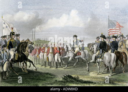 Consegna dell' esercito britannico sotto Cornwallis all'americana e delle forze francesi a Yorktown 1781. Colorate a mano incisione in acciaio Foto Stock