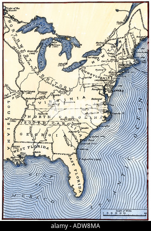 Mappa che mostra le tredici colonie che si uniscono come l'originale tredici membri nel 1776. Colorate a mano la xilografia Foto Stock