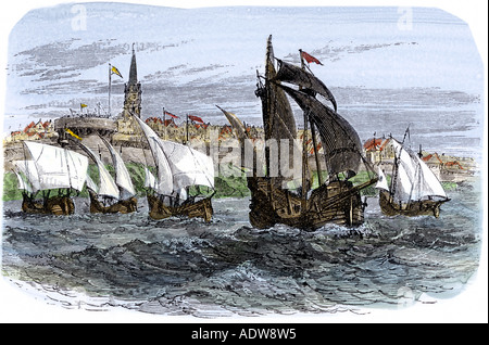 Jacques Cartier expedition navi lasciando St Malo Francia a vela per il Nord America 1530 s. Colorate a mano la xilografia Foto Stock