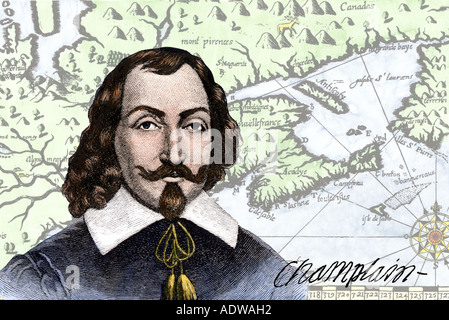 Esploratore francese Samuel de Champlain e la sua mappa del Golfo di San Lorenzo nei primi 1600s. Colorate a mano xilografie combinato digitalmente Foto Stock