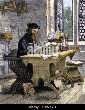 John Wycliffe tradurre la Bibbia in lingua inglese 1300s. Colorate a mano la xilografia Foto Stock