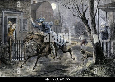 Paul Revere in sella a rouse Minutemen per la battaglia di Lexington il 19 aprile 1775. Colorate a mano la xilografia Foto Stock