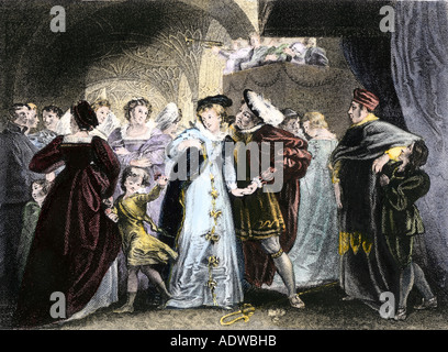 Il re Enrico VIII incontra Anne Boleyn 1527. Colorate a mano l'incisione Foto Stock