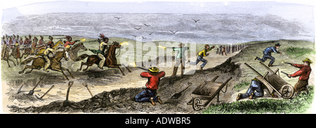 Cheyenne indiani che attacca un work party sulla ferrovia transcontinentale 1867. Colorate a mano la xilografia Foto Stock