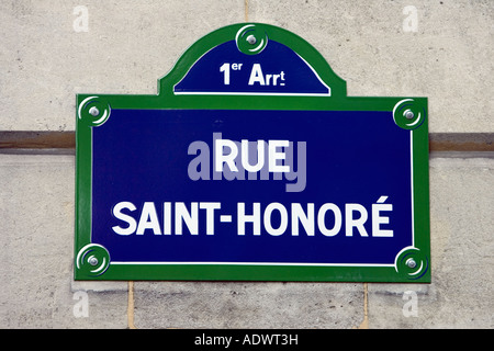 Rue Saint Honor strada segno Parigi Francia Foto Stock