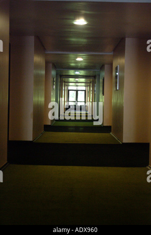 Architettura corridoio corridoio luci di sala pareti lunghe tappeto scuro ufficio hotel apartment building concept profondità prospettica archi Foto Stock