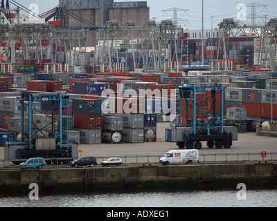 Un numero elevato di contenitori impilati sul quay con speciale laminazione di gru di sollevamento mare porto di Rotterdam Paesi Bassi Foto Stock