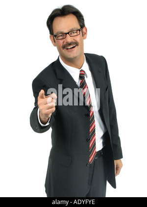 Uomo che indossa tuta dispositivo di puntamento con un fnger per la fotocamera Foto Stock