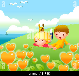 Un ragazzo e una ragazza seduta sulla sponda di un fiume Foto Stock