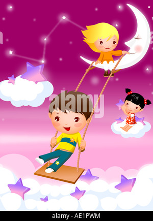 Ragazzo basculante in un altalena con due ragazze seduto su una nuvola e la luna crescente Foto Stock