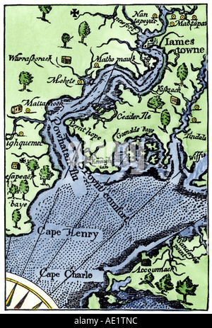 Mappa di Jamestown Settlement Virginia Colony. Colorate a mano la xilografia Foto Stock