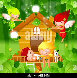 Un ragazzo e una ragazza dorme con due angeli suonano flauto Foto Stock