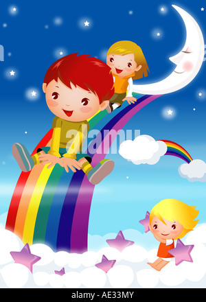 Un ragazzo e una ragazza scorrevole su di un arcobaleno Foto Stock